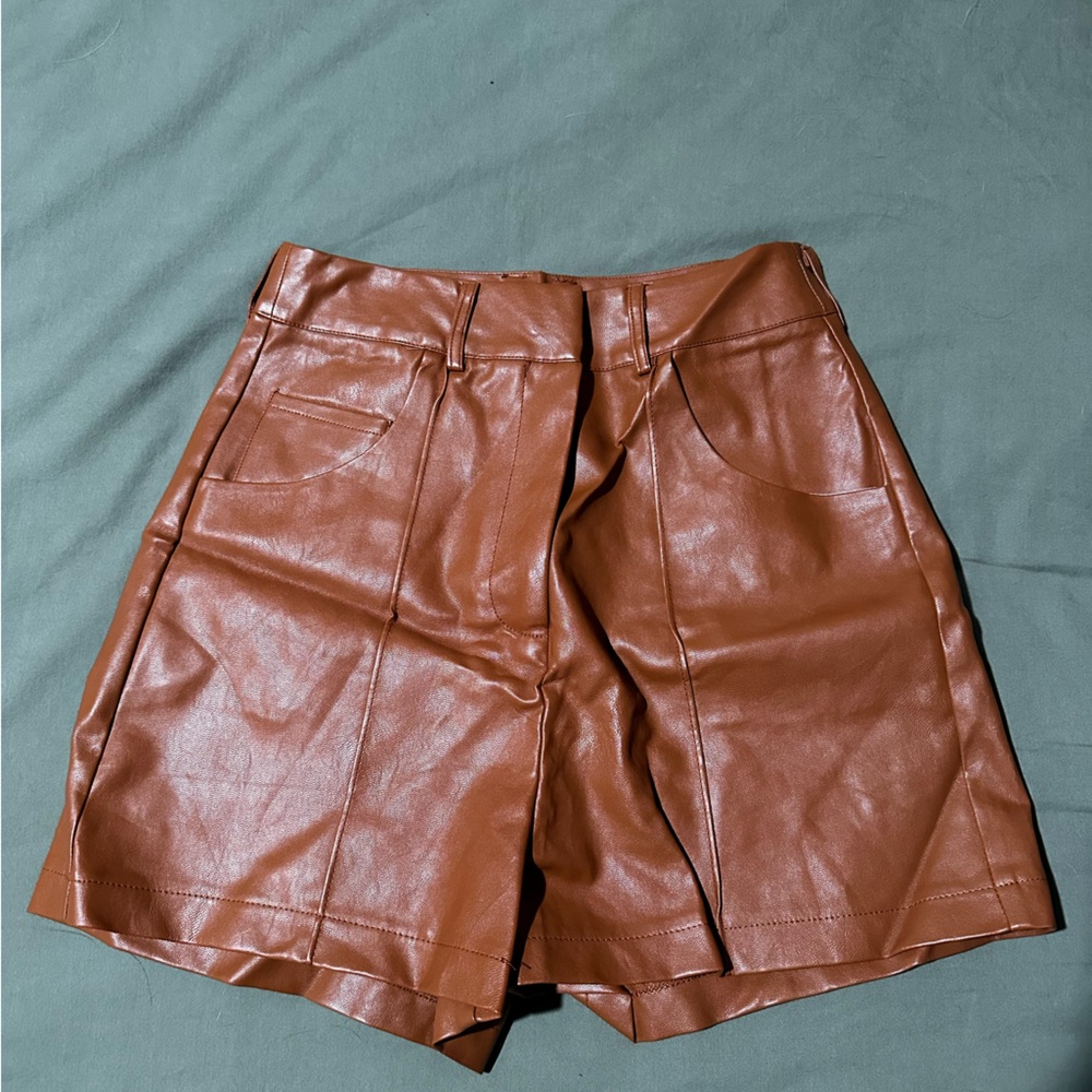 Boohoo High-Waisted Brown Faux Leather Shorts